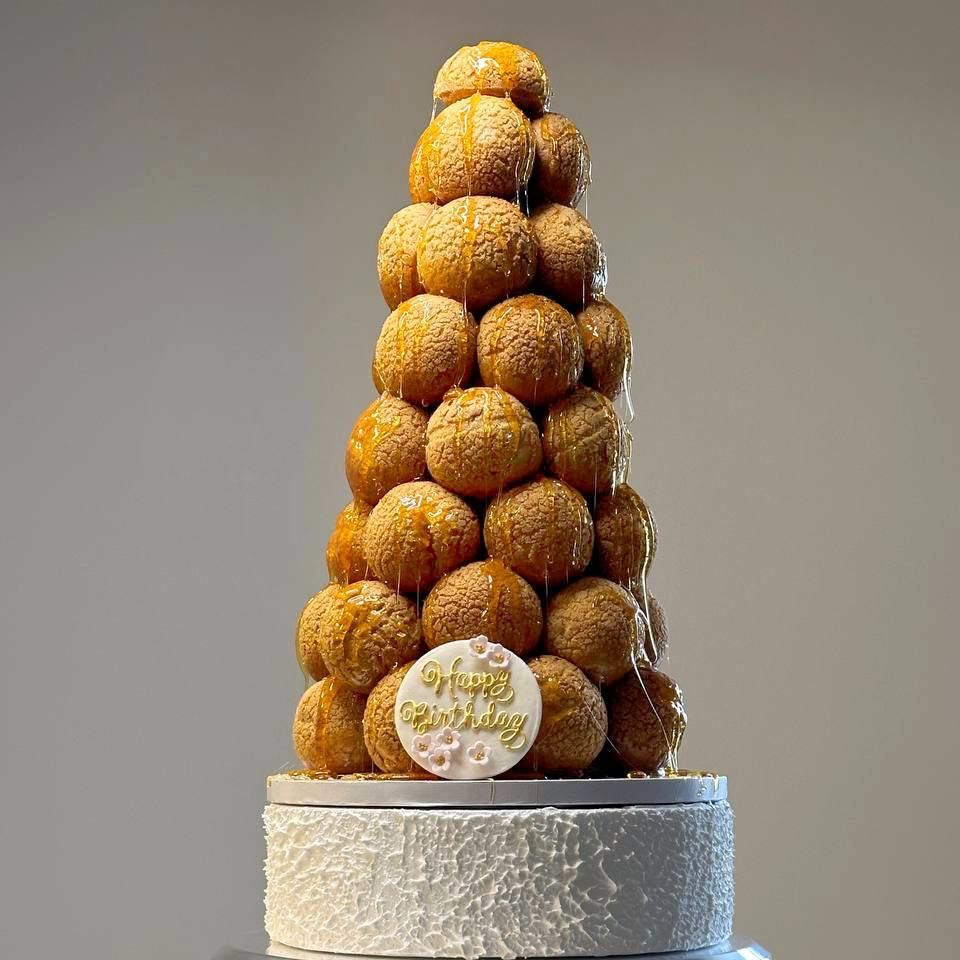 Croquembouche choux tower with caramel, YBLN Pastry Calgary
