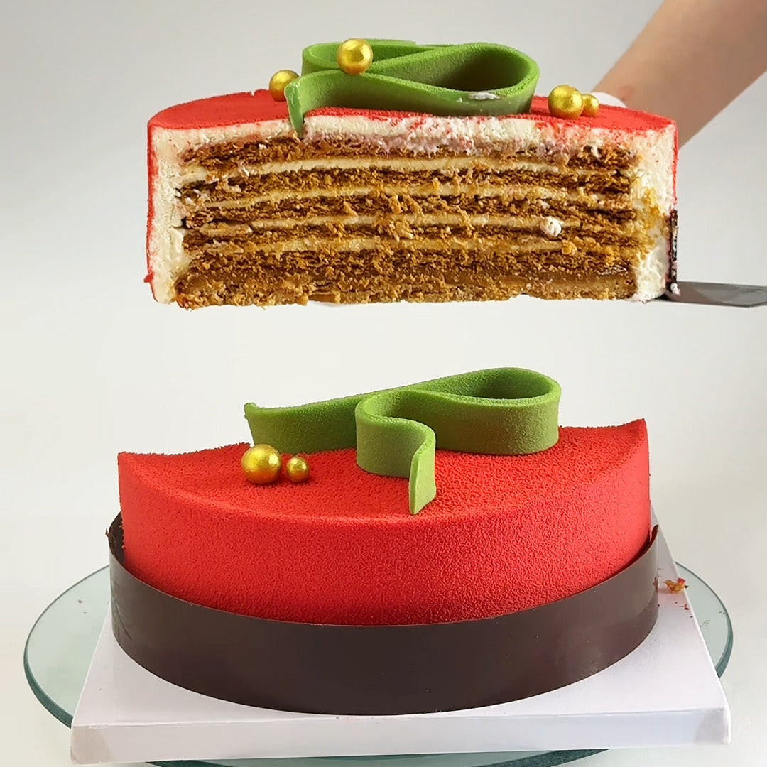 Slice of Caramelized Honey Mousse Cake showing layers, YBLN Pastry Calgary