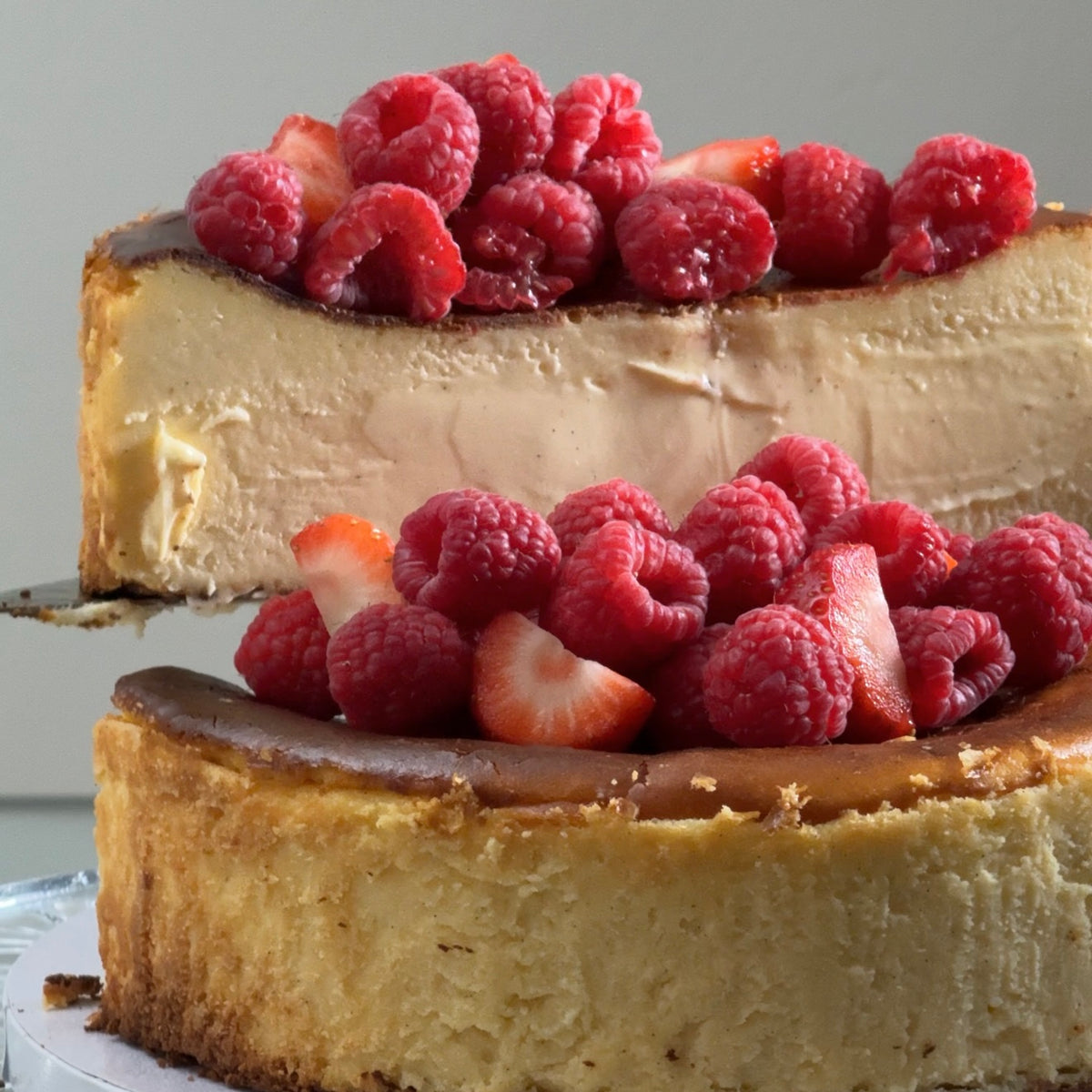Basque Cheesecake with fresh strawberries and caramelized top, YBLN Pastry Calgary